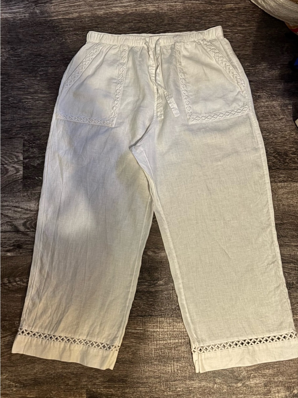 Joie White Wide-Leg Linen Pants with Crochet Trim - Picture 6 of 10
